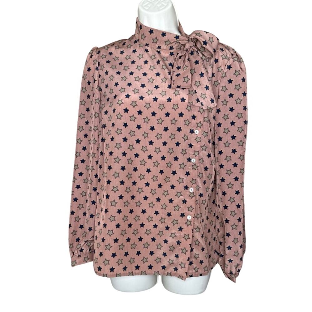 Tulip B Unique Vintage Mocha Brown Star Side Button Tie Long Sleeve Blouse M NWT